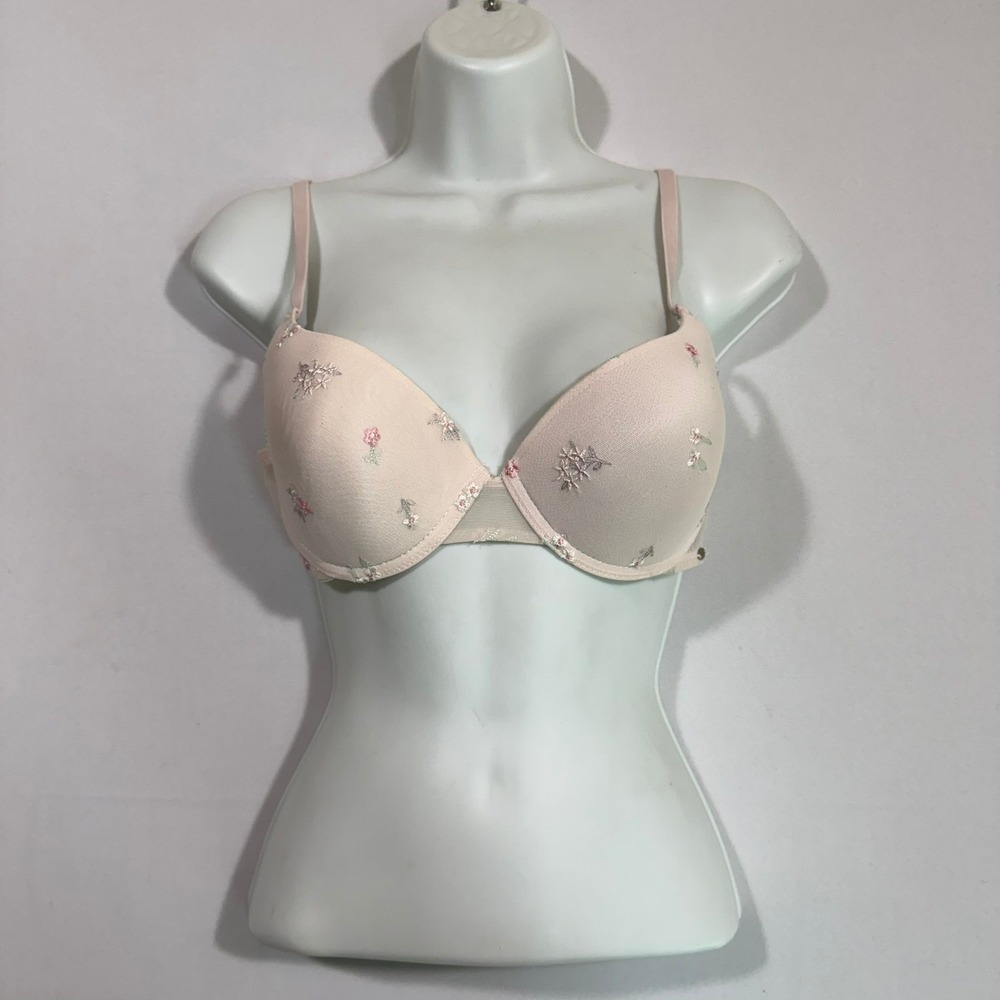 Jessica Simpson Womens 34C Pink Floral Embroidered Demi Bra Coquette Cottage